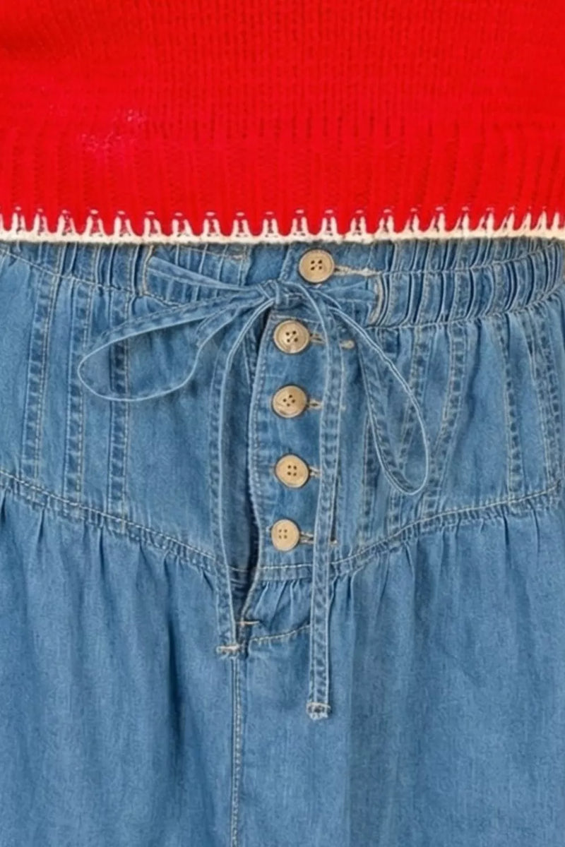 Ruffle Denim Mini Skirt for Women with Button Front and Drawstring Waist in Light Blue, button and drawstring detail