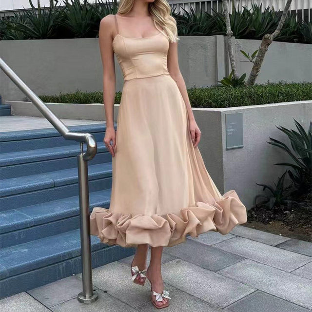 Ruffle Hem Midi Dress for Women with Thin Straps and Scoop Neck in Beige, front view