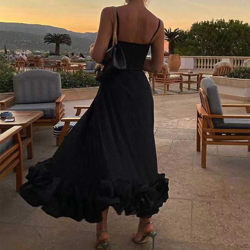Ruffle Hem Midi Dress for Women with Thin Straps and Scoop Neck in Black, back view