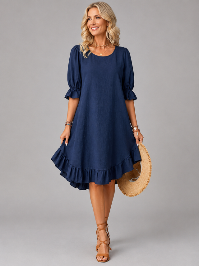 Ruffle Dress for Women with Half Puff Sleeves and Loose Swing Fit in Navy Blue, front view