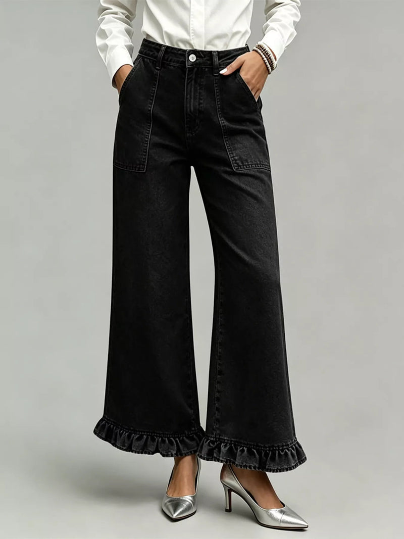 Wide Leg Denim Jeans for Women with Ruffle Hem and High Waist in Black, front view 2
