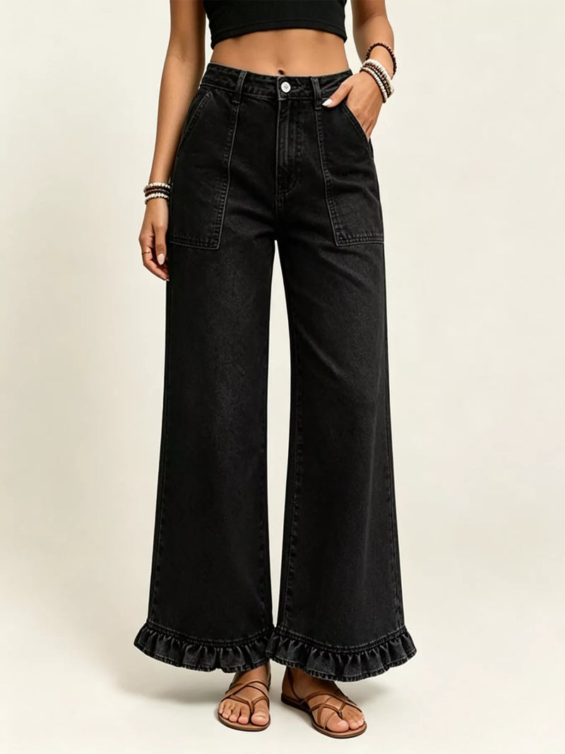 Wide Leg Denim Jeans for Women with Ruffle Hem and High Waist in Black, styled front view