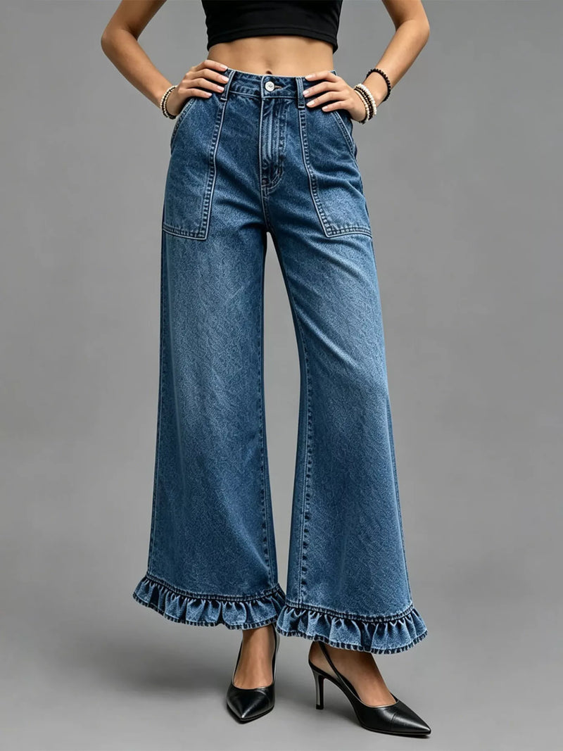 Wide Leg Denim Jeans for Women with Ruffle Hem and High Waist in Medium Blue, front view