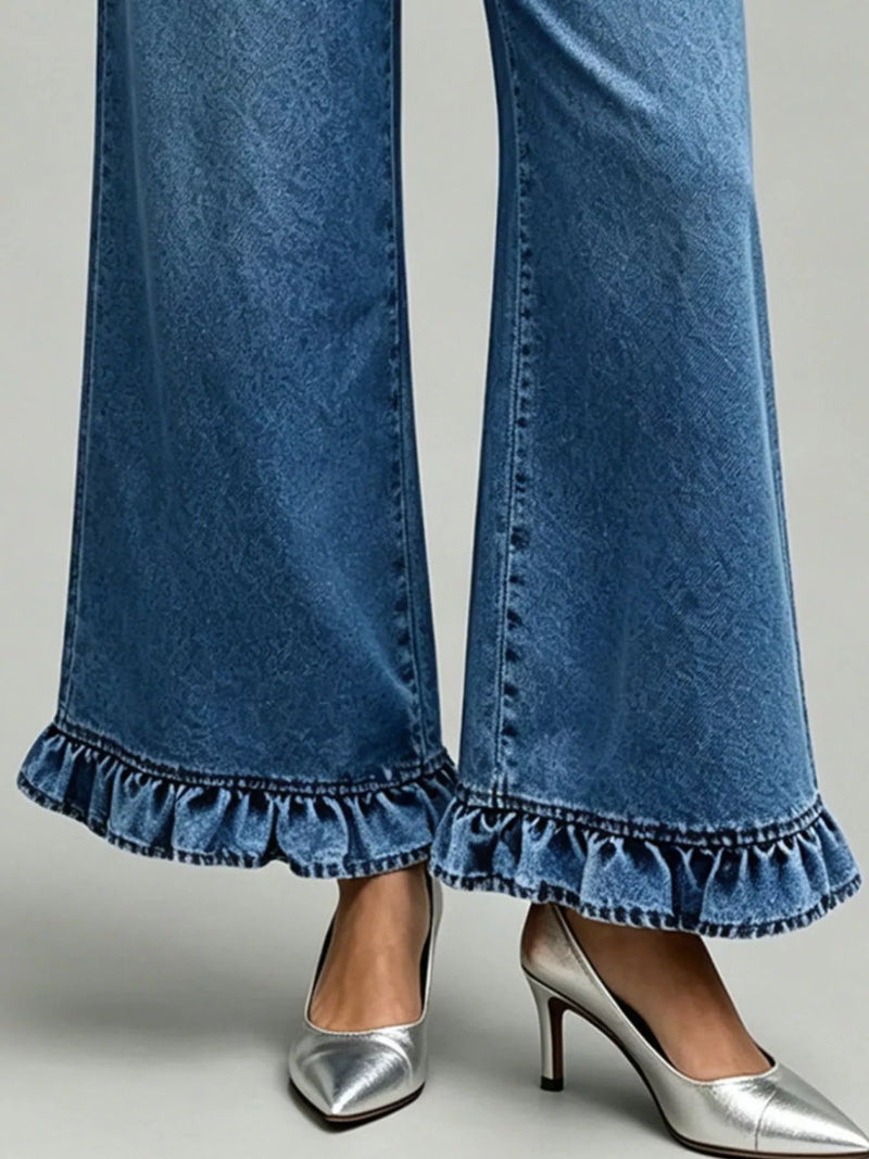 Wide Leg Denim Jeans for Women with Ruffle Hem and High Waist in Medium Blue, ruffle hem close-up