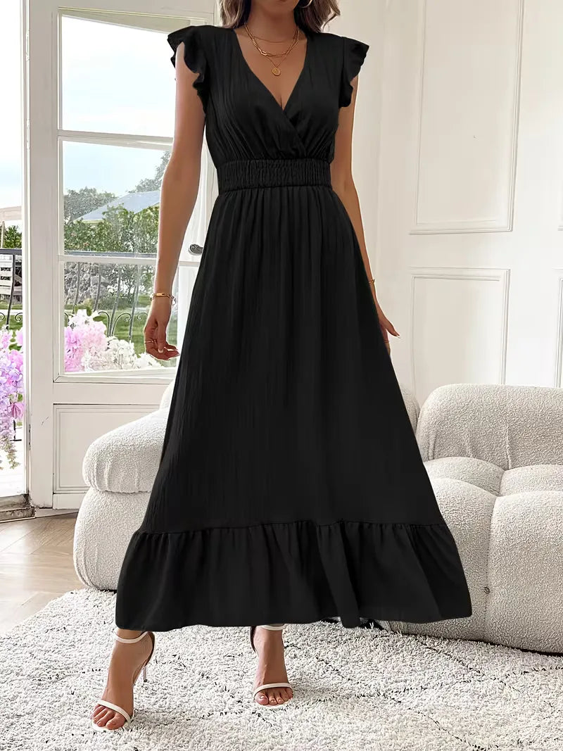 Ruffle Maxi Dress for Women with Flutter Sleeves and Smocked Waist in Black, full front view