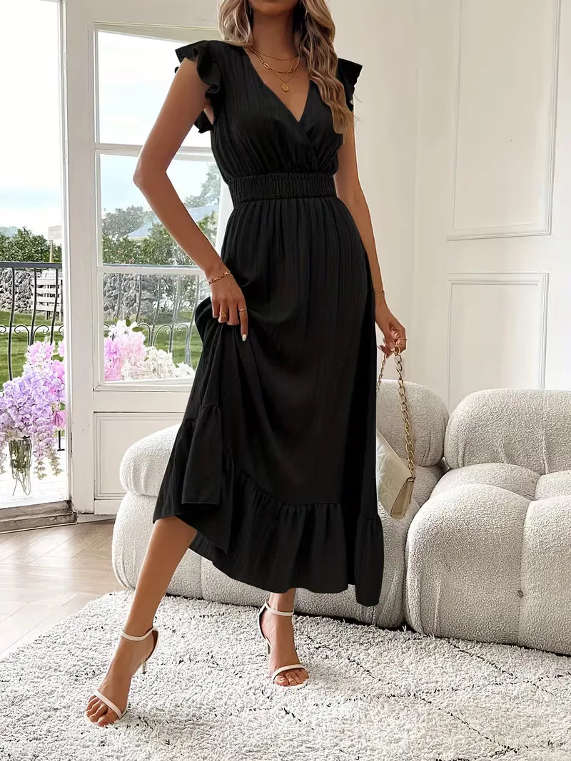 Ruffle Maxi Dress for Women with Flutter Sleeves and Smocked Waist in Black, side view