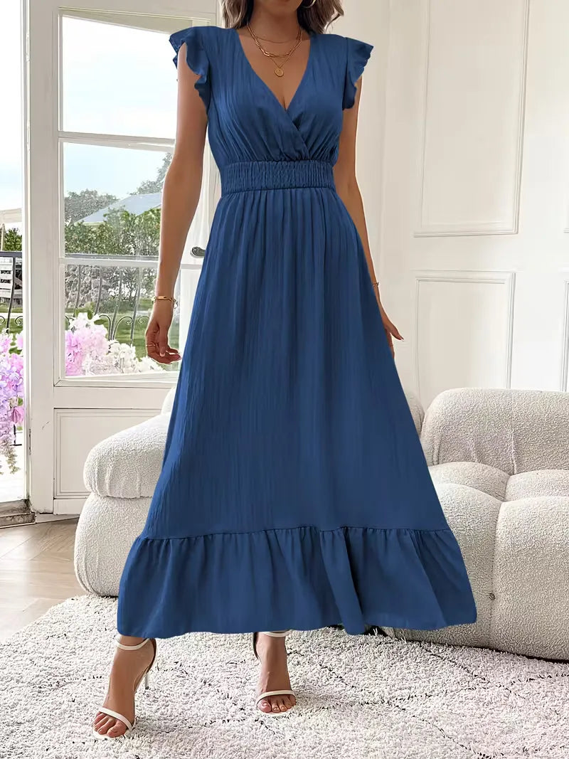 Ruffle Maxi Dress for Women with Flutter Sleeves and Smocked Waist in Dark Blue, full front view