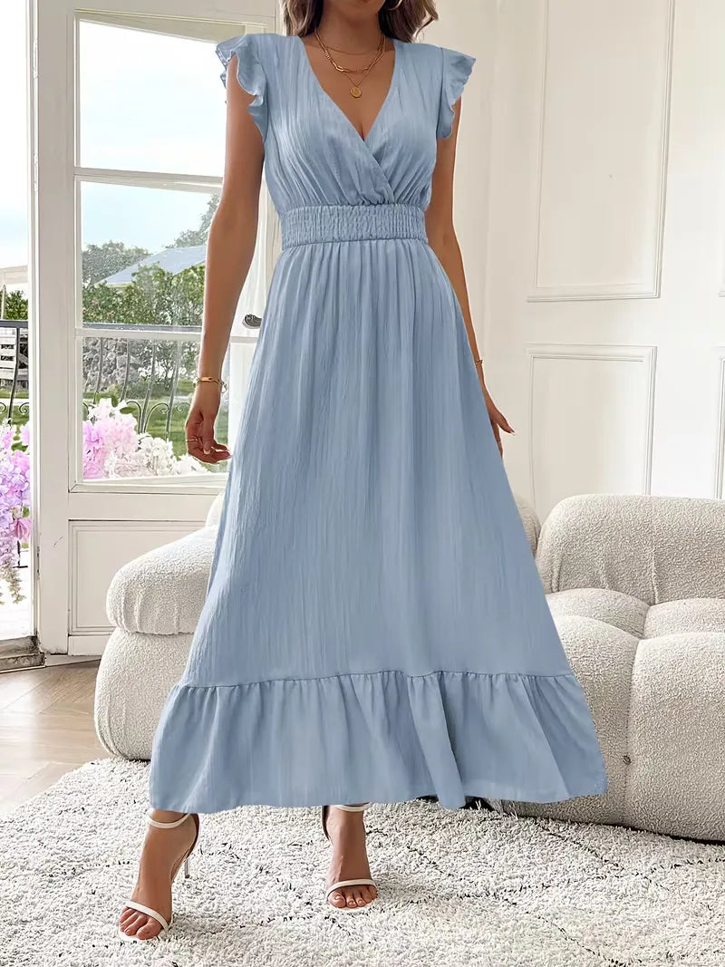 Ruffle Maxi Dress for Women with Flutter Sleeves and Smocked Waist in Light Blue, full front view