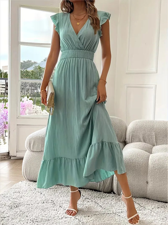 Ruffle Maxi Dress for Women with Flutter Sleeves and Smocked Waist in Light Green, front view