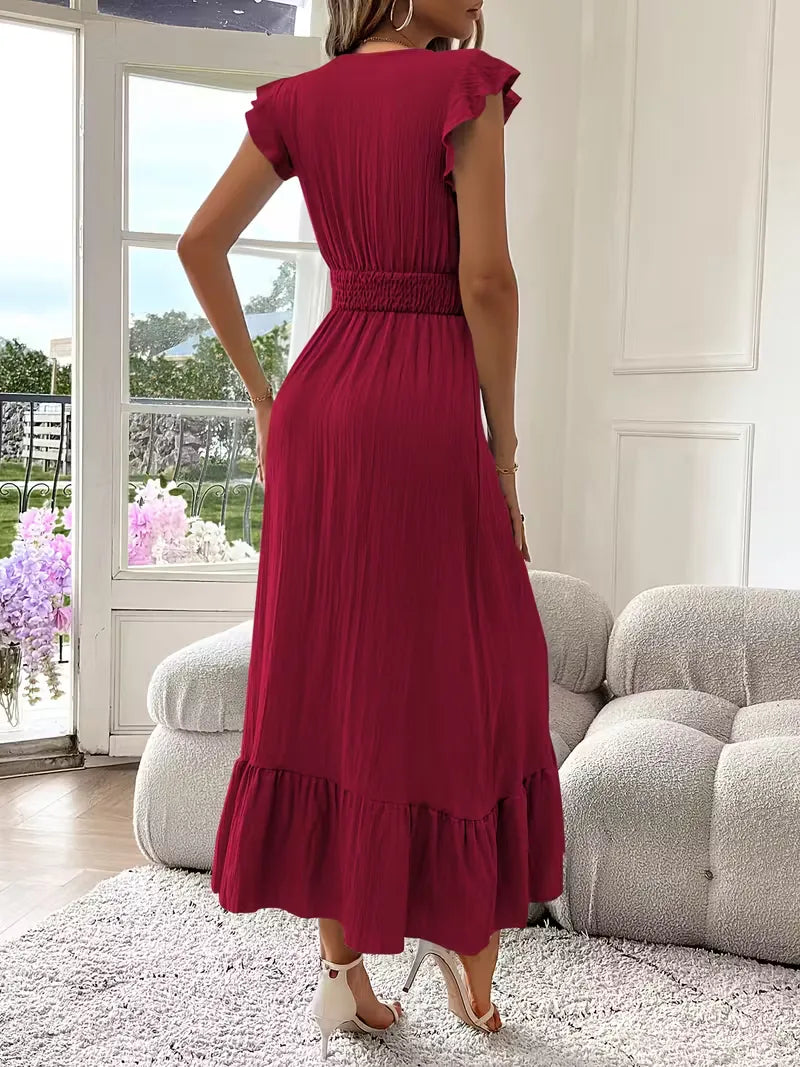 Ruffle Maxi Dress for Women with Flutter Sleeves and Smocked Waist in Red, back view