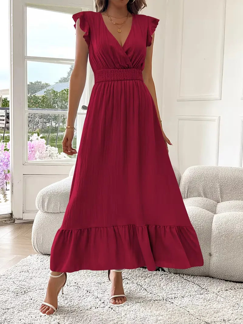 Ruffle Maxi Dress for Women with Flutter Sleeves and Smocked Waist in Red, full front view