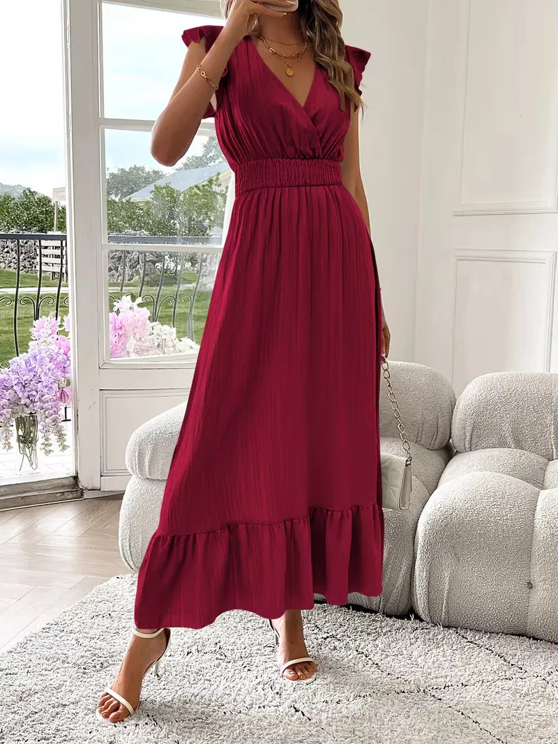 Ruffle Maxi Dress for Women with Flutter Sleeves and Smocked Waist in Red, three-quarter front view