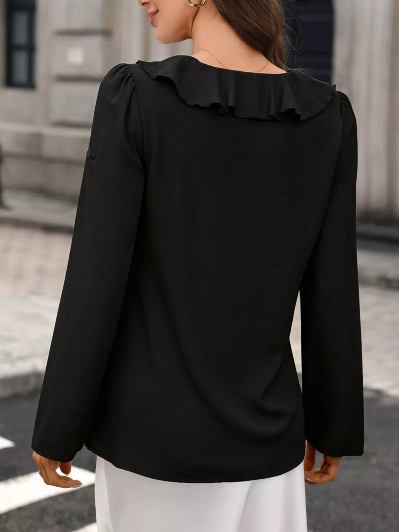 Ruffle Blouse for Women with Cascading V-Neck Frill and Roll-Up Sleeves in Black, back view