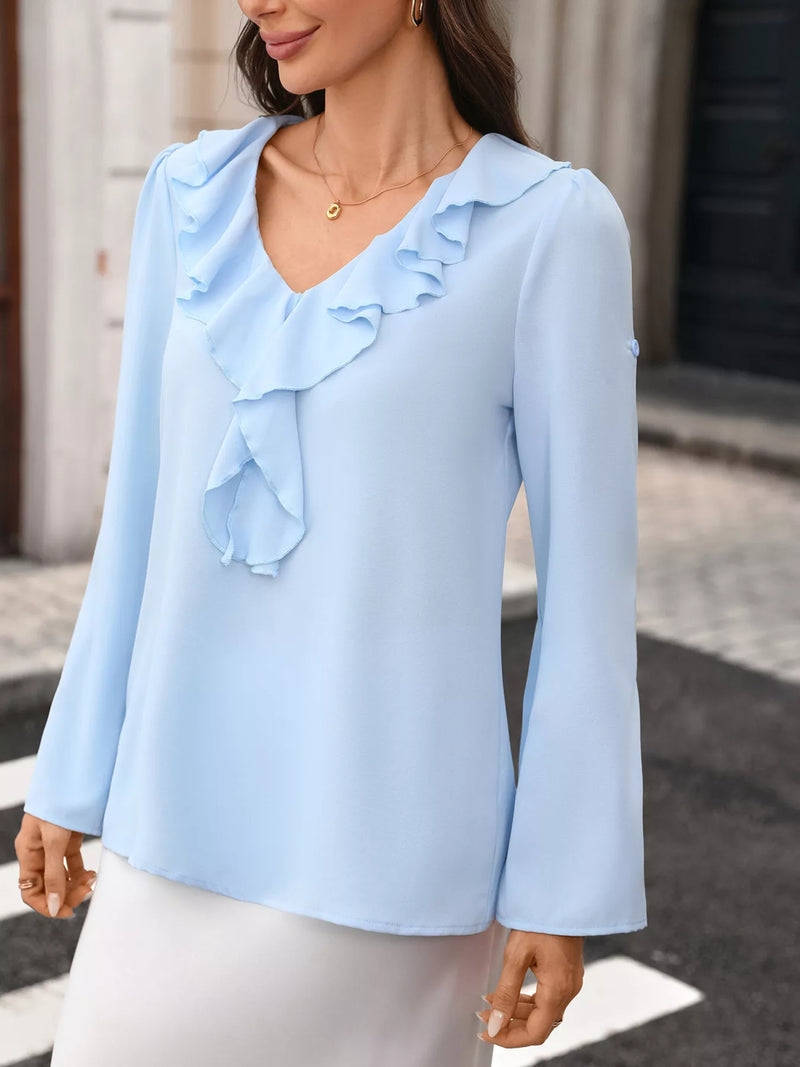Ruffle Blouse for Women with Cascading V-Neck Frill and Roll-Up Sleeves in Sky Blue, sleeves down front view