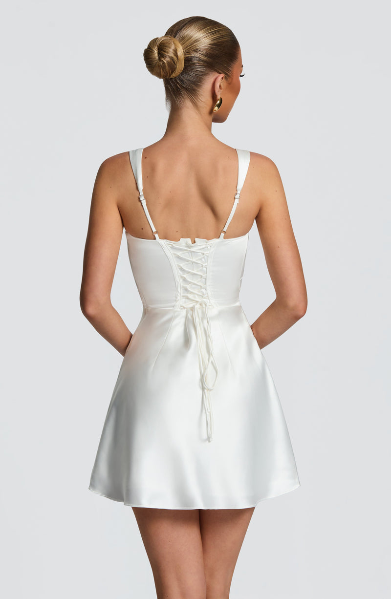 Satin Corset Mini Dress for Women with Square Neck and Lace-Up Back in White, lace-up back view