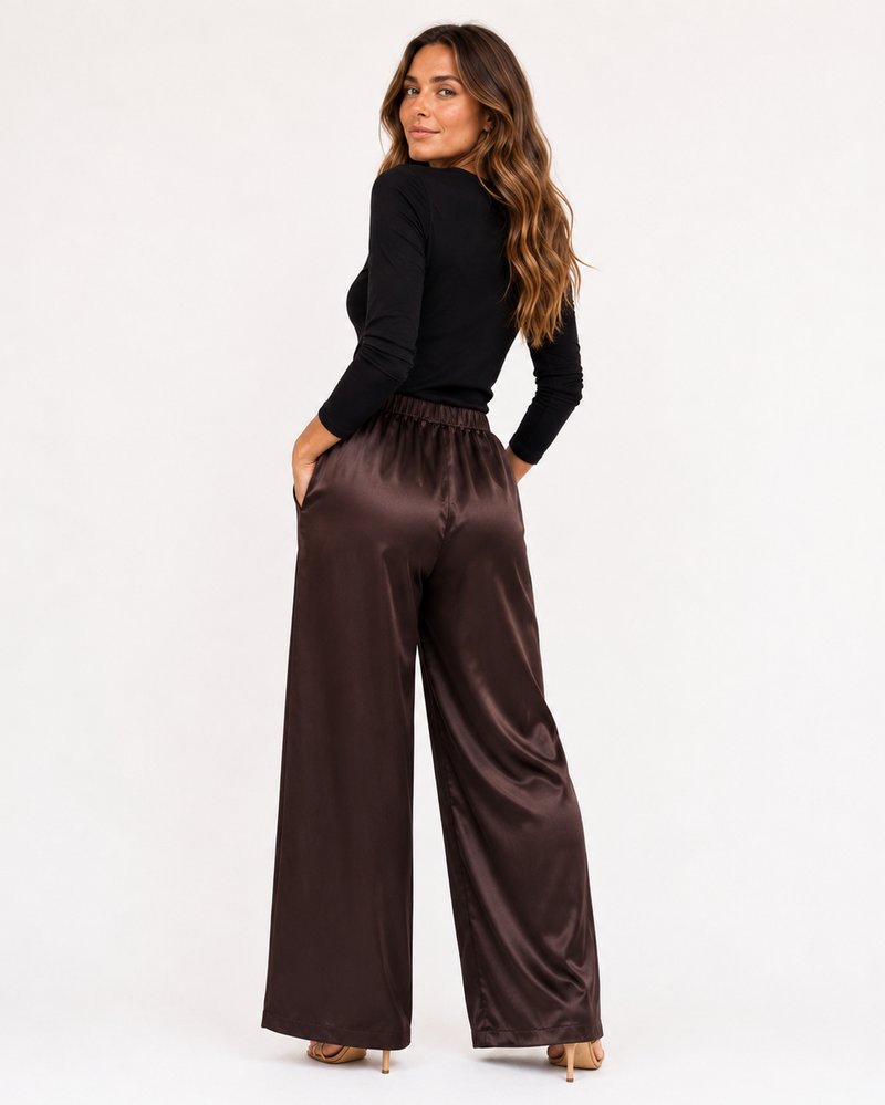 Satin Wide Leg Pants for Women with High Waist and Side Pockets in Brown, back view