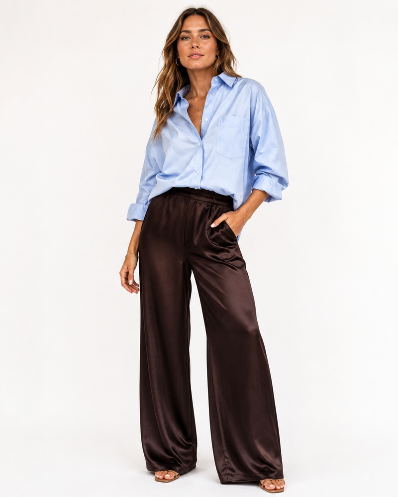 Satin Wide Leg Pants for Women with High Waist and Side Pockets in Brown, styled front view