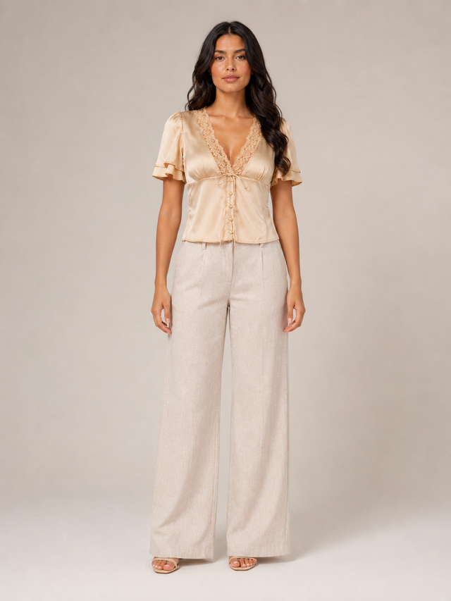 Going Out Top for Women with Satin Lace Trim and Flutter Sleeves in Beige, front view