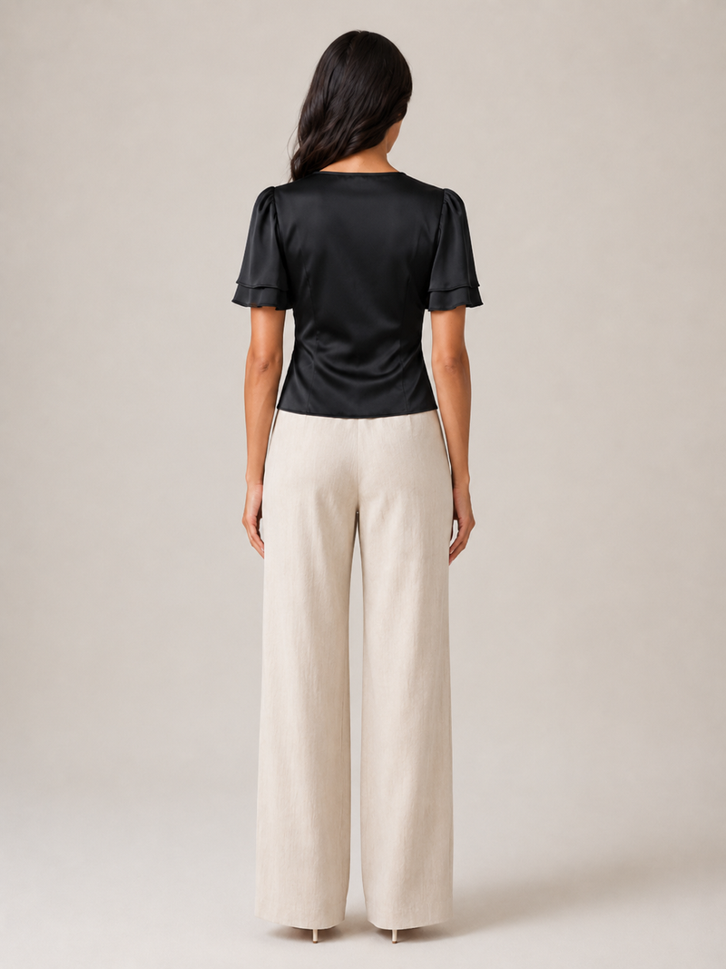 Going Out Top for Women with Satin Lace Trim and Flutter Sleeves in Black, back view