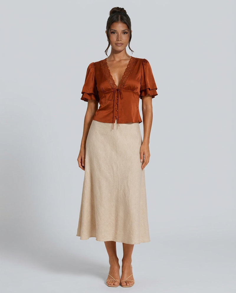 Going Out Top for Women with Satin Lace Trim and Flutter Sleeves in Rust, front view