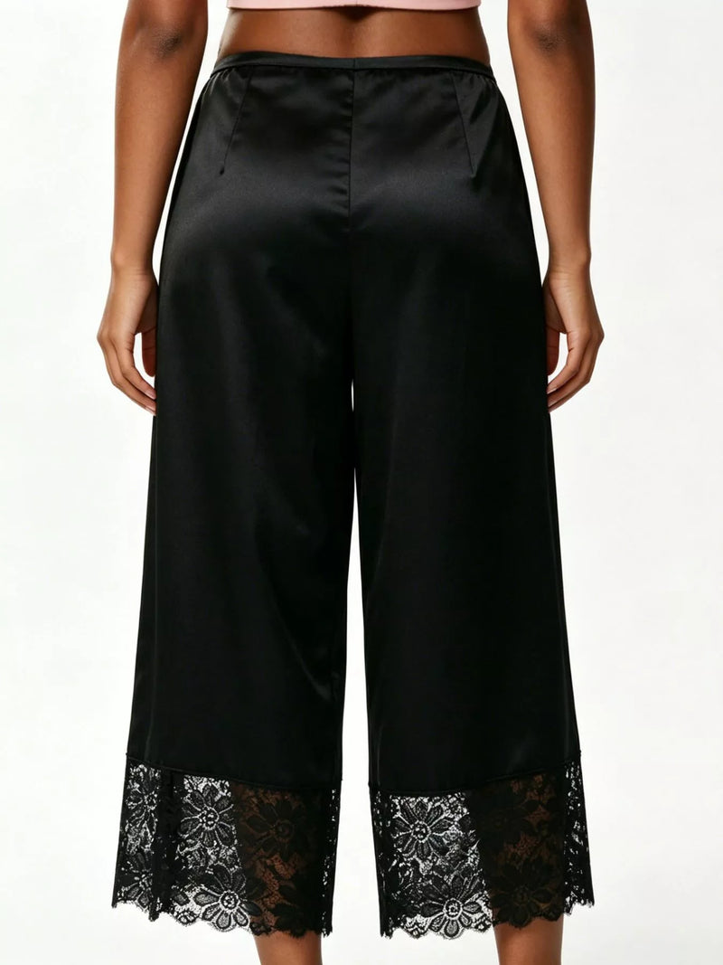 Satin Lace Wide Leg Cropped Pants for Women with Drawstring Waist in Black, back view