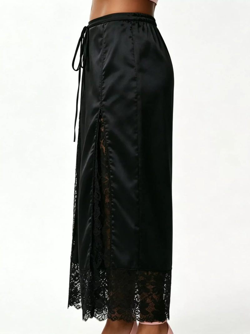 Satin Lace Wide Leg Cropped Pants for Women with Drawstring Waist in Black, side detail