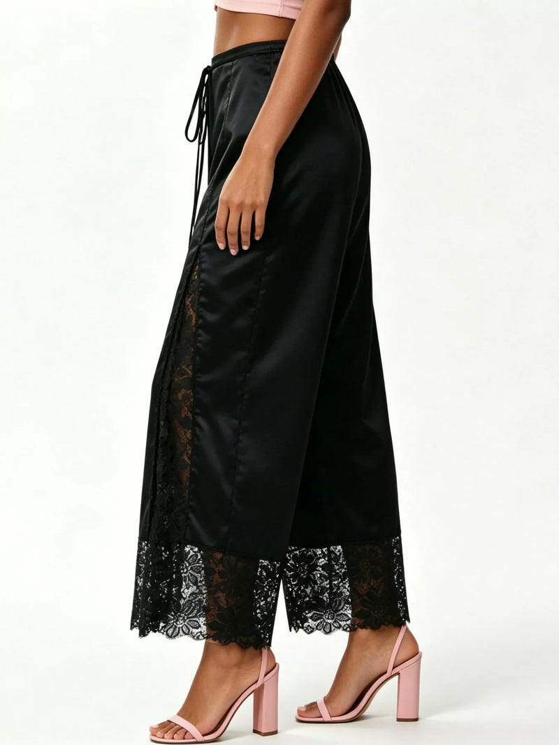 Satin Lace Wide Leg Cropped Pants for Women with Drawstring Waist in Black, side view