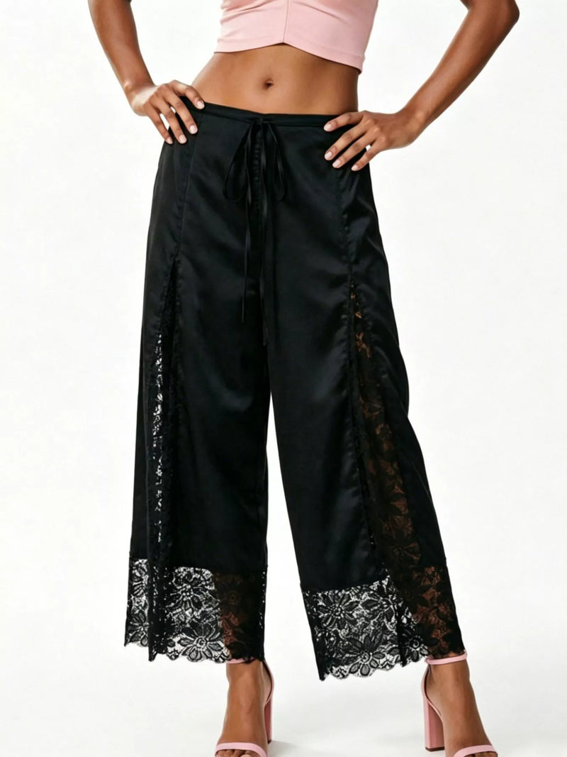Satin Lace Wide Leg Cropped Pants for Women with Drawstring Waist in Black, styled front view