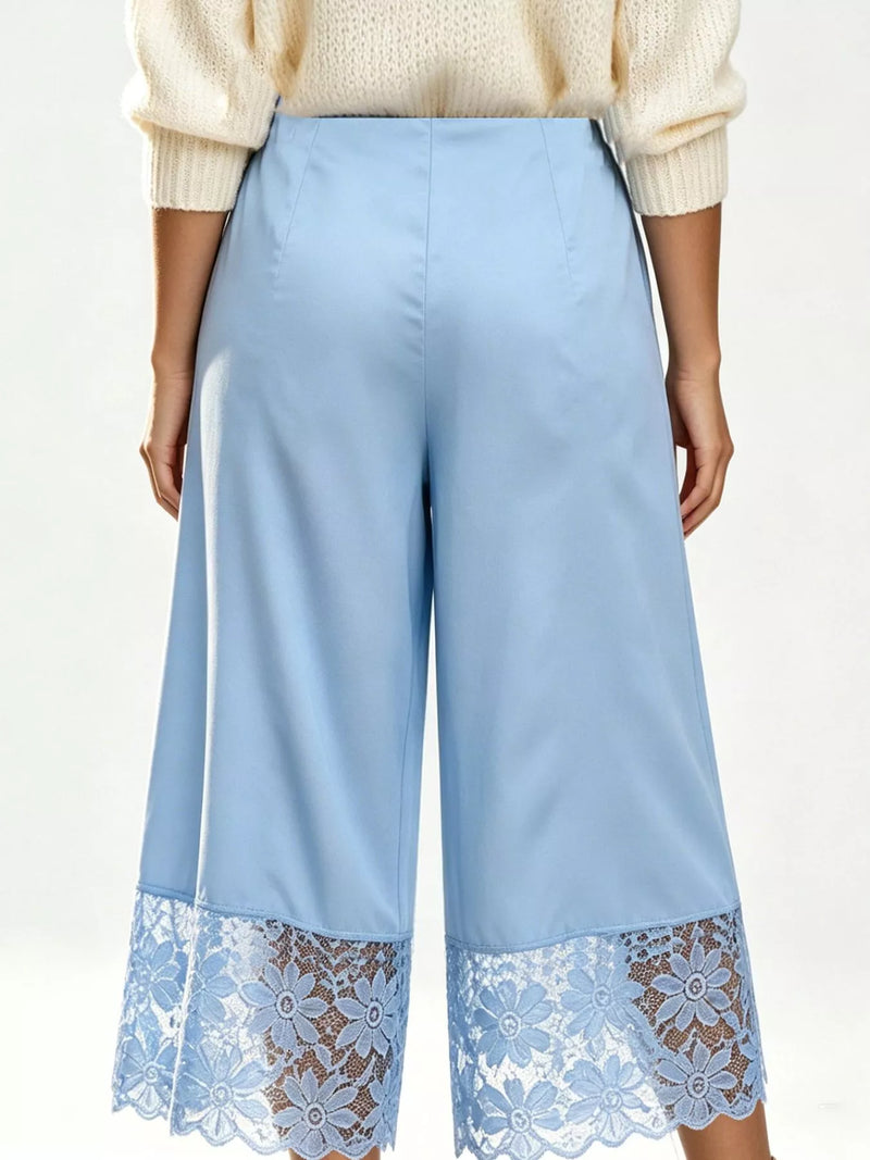 Satin Lace Wide Leg Cropped Pants for Women with Drawstring Waist in Blue, back view