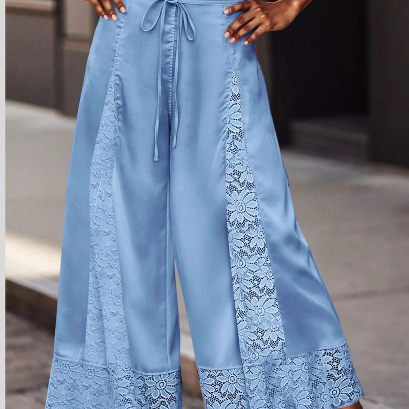 Satin Lace Wide Leg Cropped Pants for Women with Drawstring Waist in Blue, front close-up
