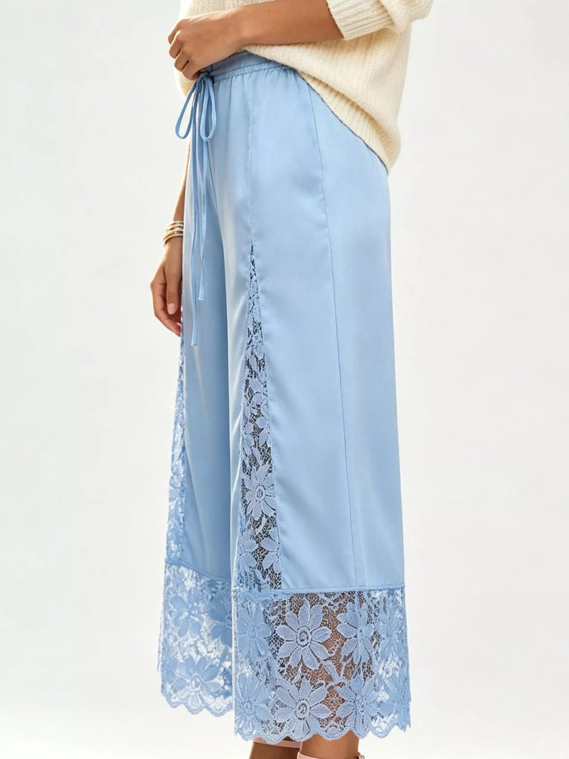 Satin Lace Wide Leg Cropped Pants for Women with Drawstring Waist in Blue, side view