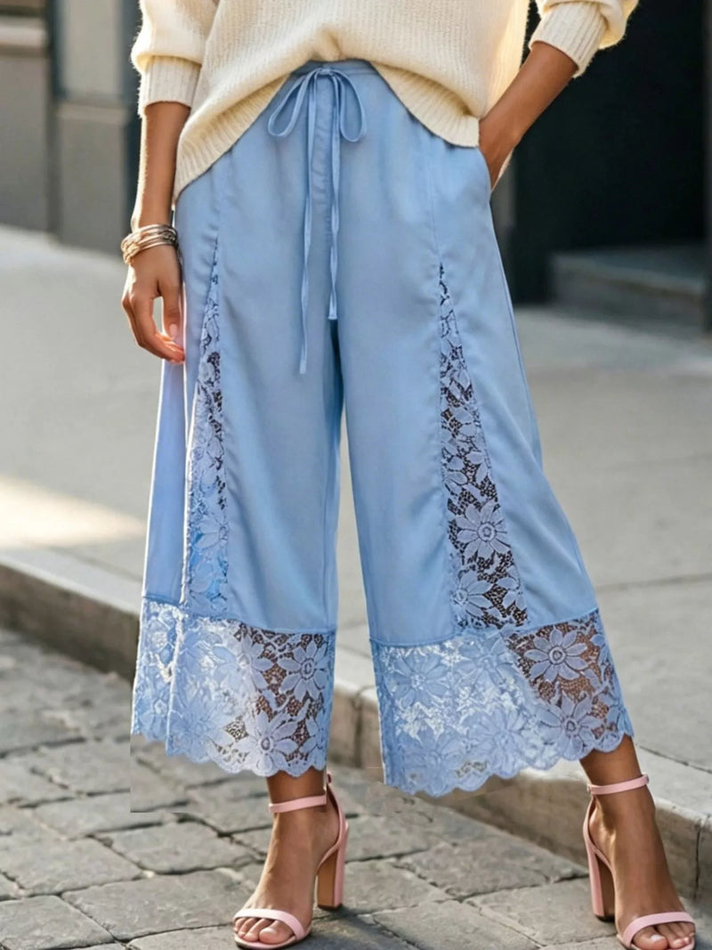 Satin Lace Wide Leg Cropped Pants for Women with Drawstring Waist in Blue, styled front view