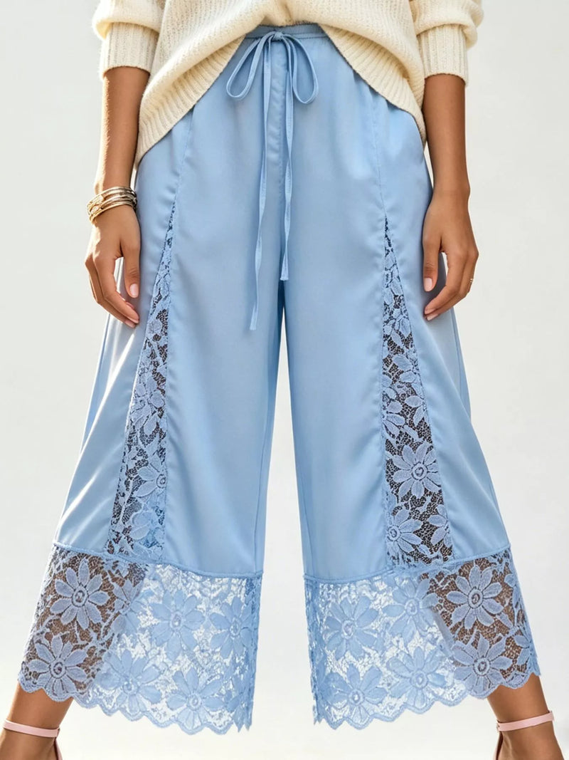 Satin Lace Wide Leg Cropped Pants for Women with Drawstring Waist in Blue, styled view