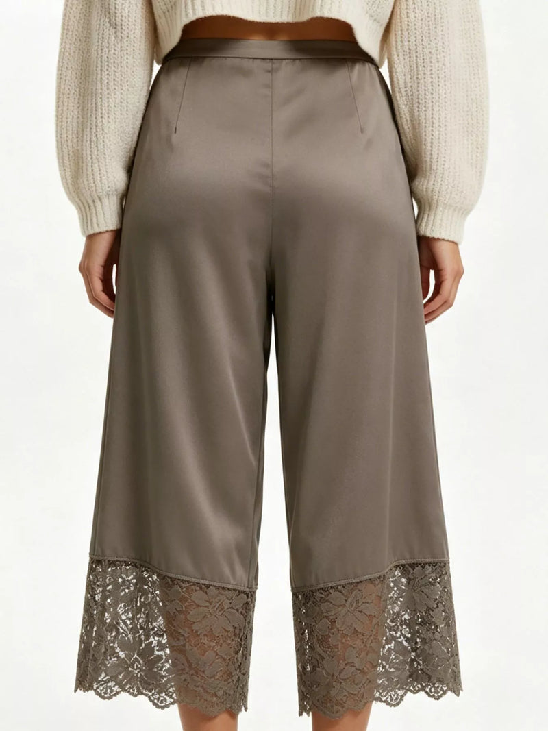 Satin Lace Wide Leg Cropped Pants for Women with Drawstring Waist in Brown, back view