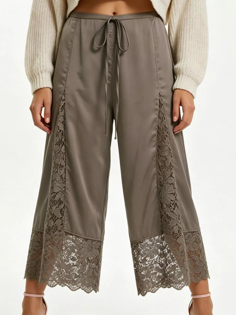 Satin Lace Wide Leg Cropped Pants for Women with Drawstring Waist in Brown, studio front view