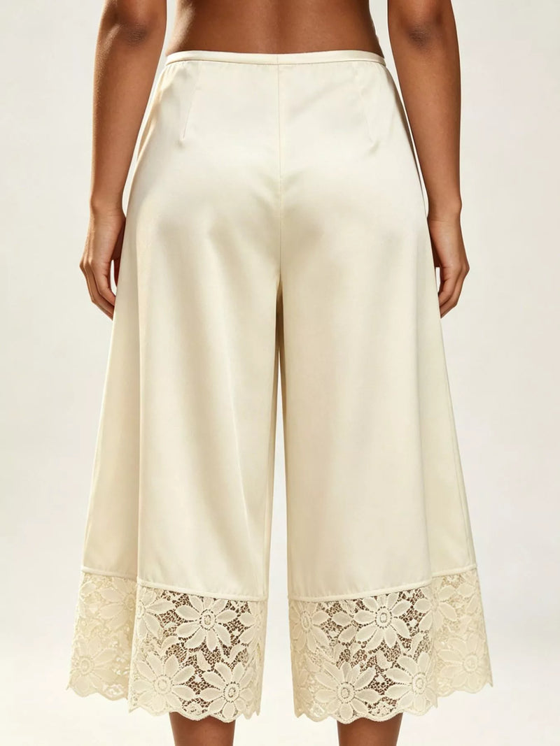 Satin Lace Wide Leg Cropped Pants for Women with Drawstring Waist in Butter Yellow, back view