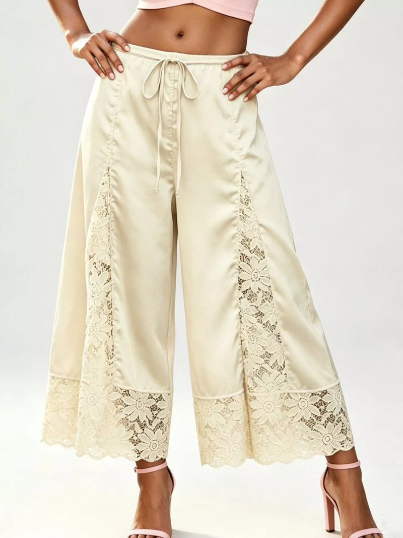 Satin Lace Wide Leg Cropped Pants for Women with Drawstring Waist in Butter Yellow, front view