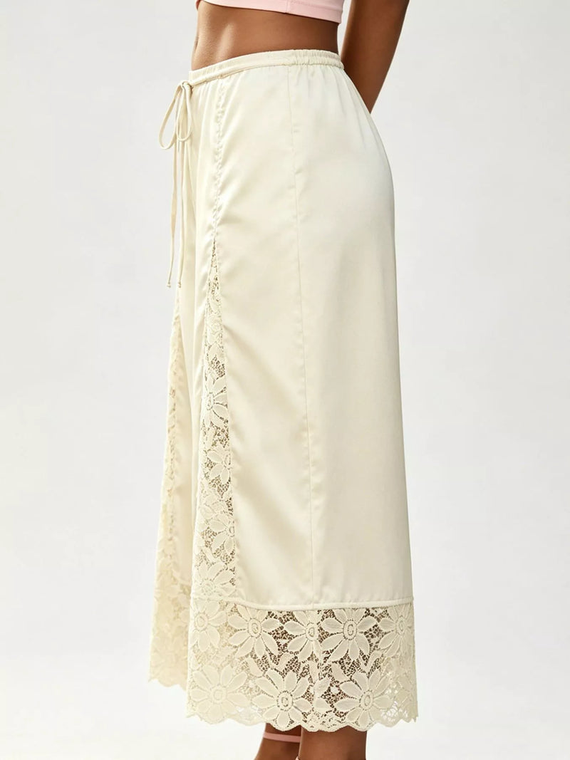 Satin Lace Wide Leg Cropped Pants for Women with Drawstring Waist in Butter Yellow, side view