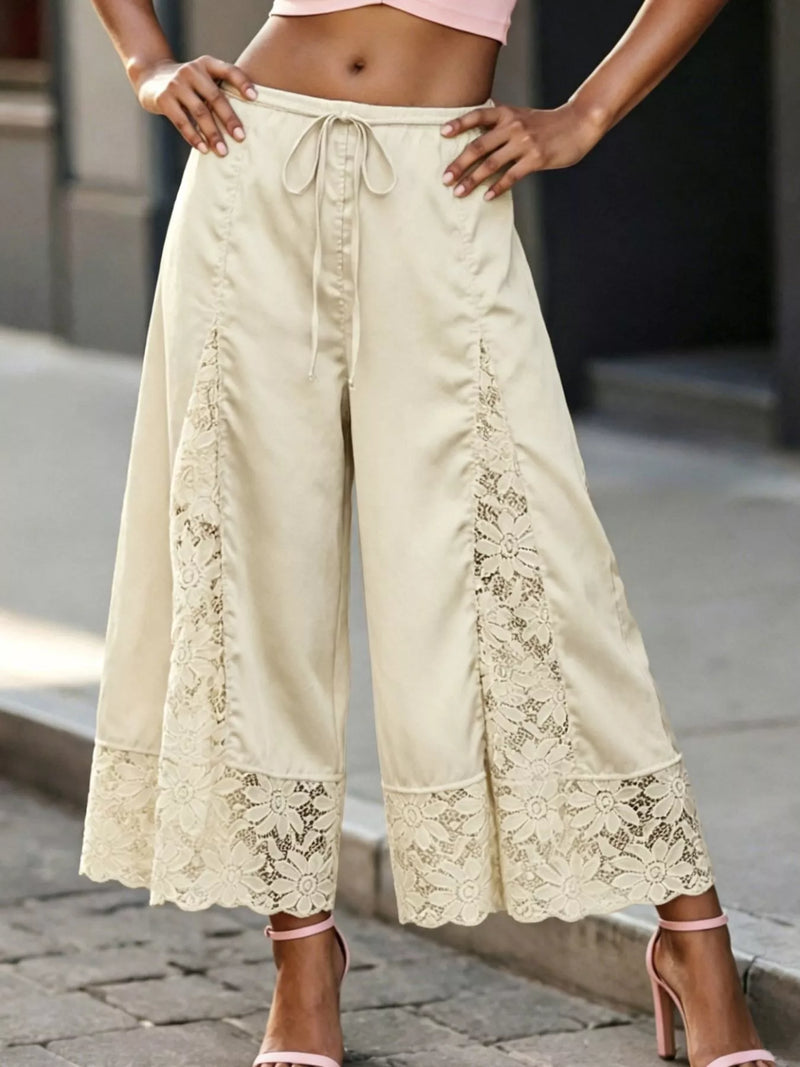 Satin Lace Wide Leg Cropped Pants for Women with Drawstring Waist in Butter Yellow, styled front view