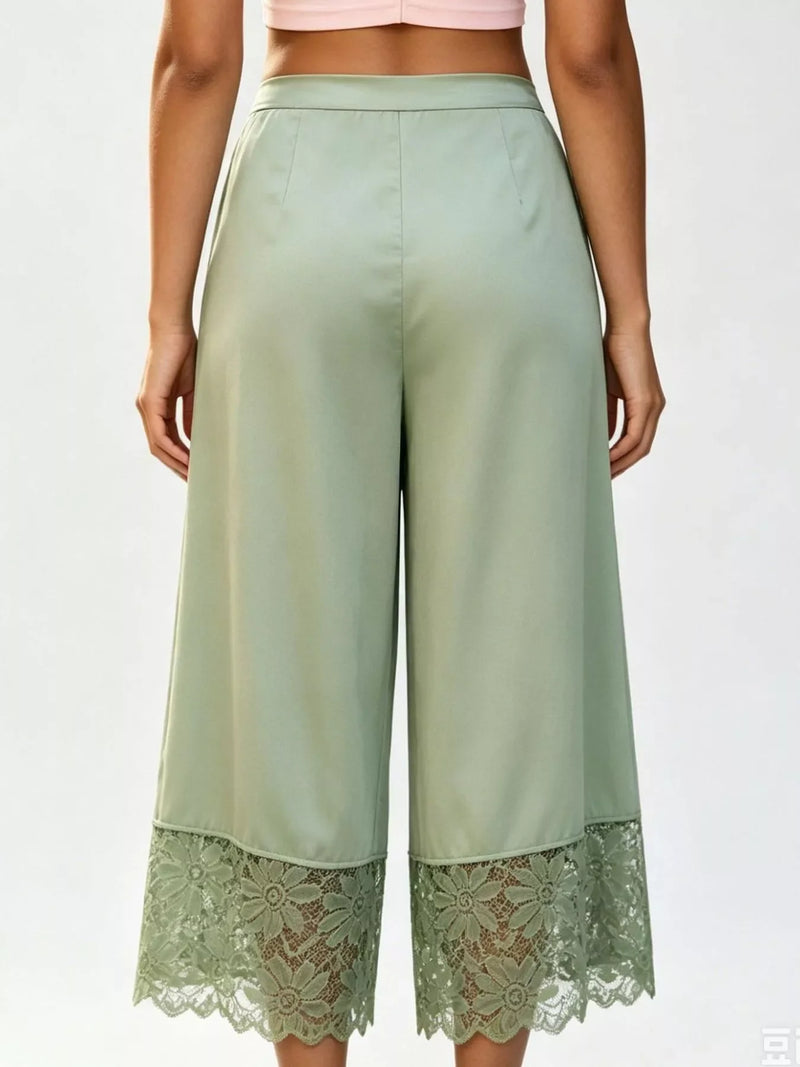Satin Lace Wide Leg Cropped Pants for Women with Drawstring Waist in Green, back view