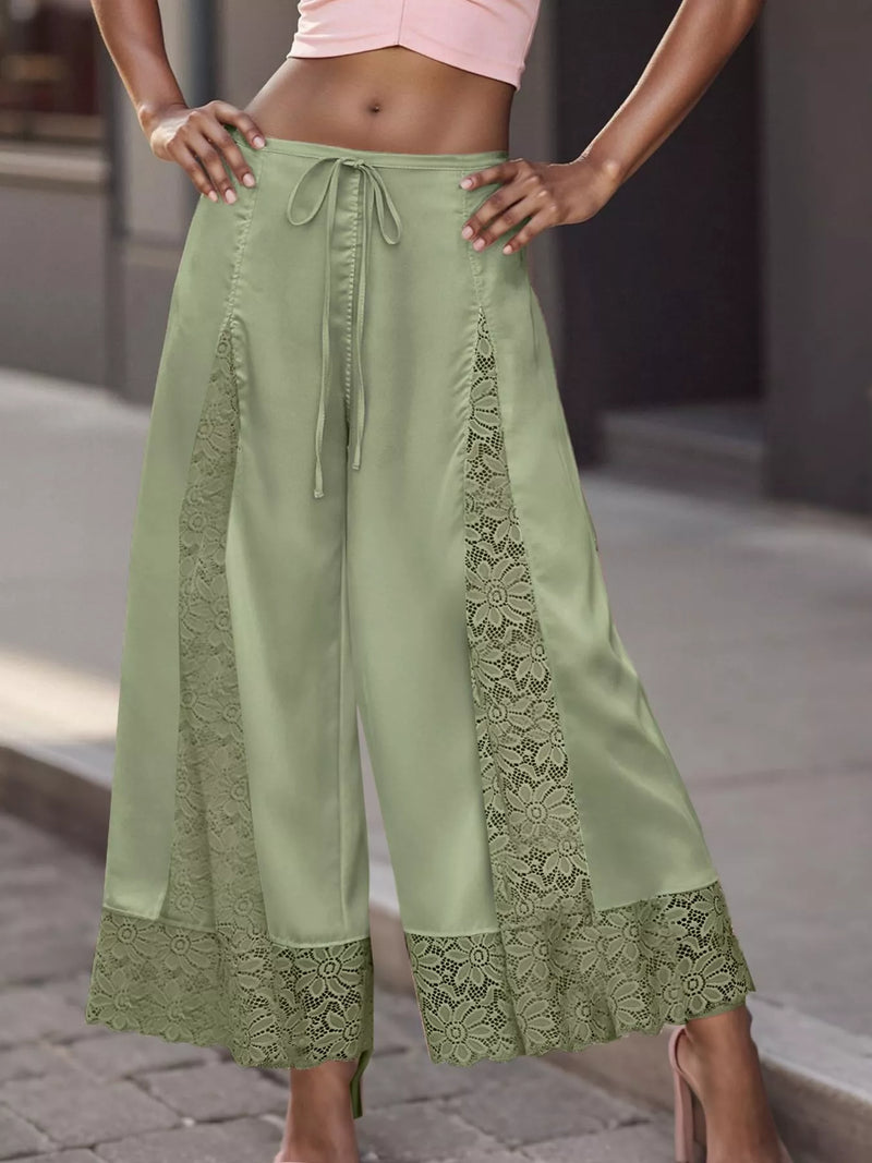 Satin Lace Wide Leg Cropped Pants for Women with Drawstring Waist in Green, front view
