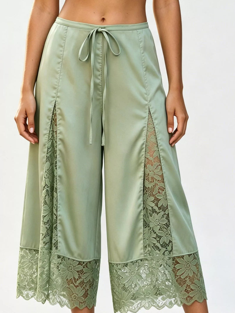 Satin Lace Wide Leg Cropped Pants for Women with Drawstring Waist in Green, studio front view