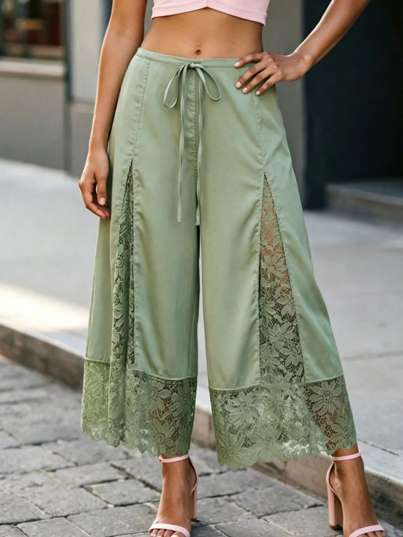 Satin Lace Wide Leg Cropped Pants for Women with Drawstring Waist in Green, three-quarter view
