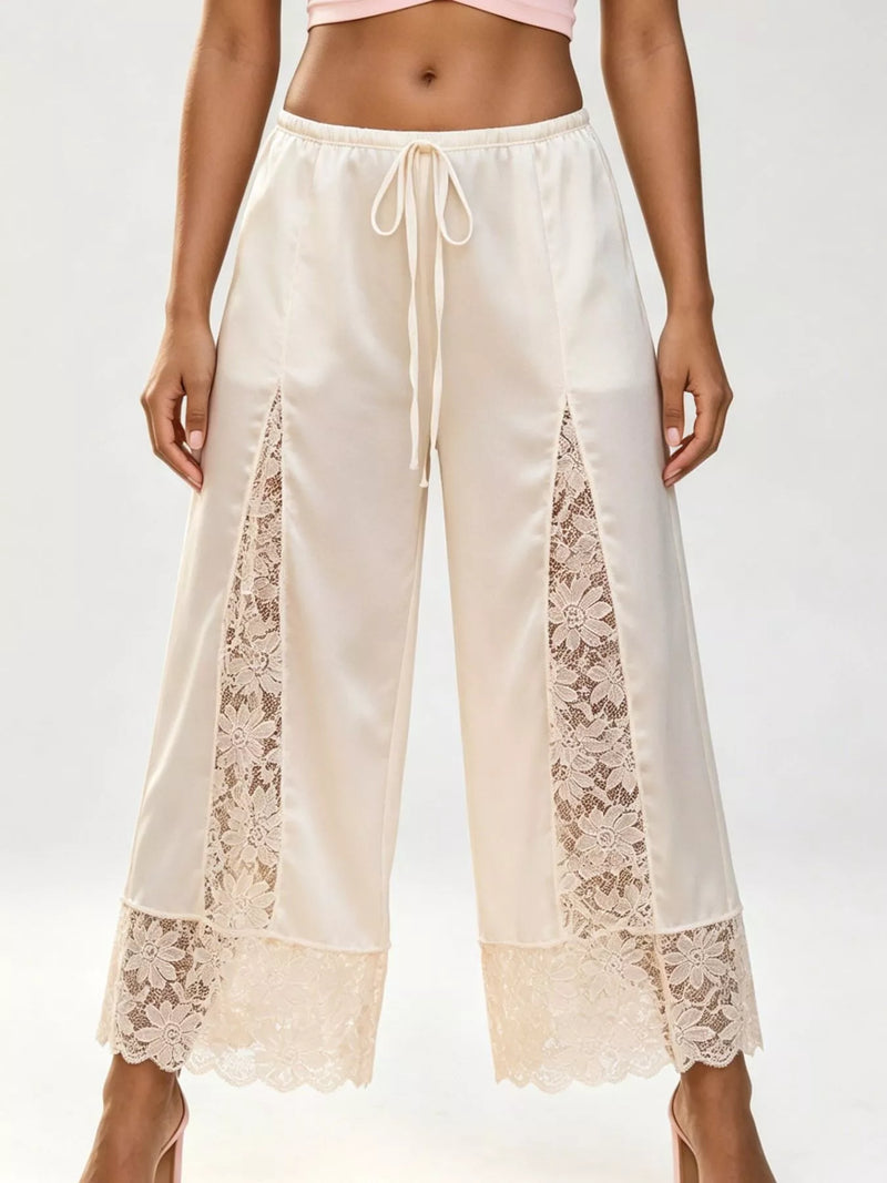 Satin Lace Wide Leg Cropped Pants for Women with Drawstring Waist in Ivory, front view