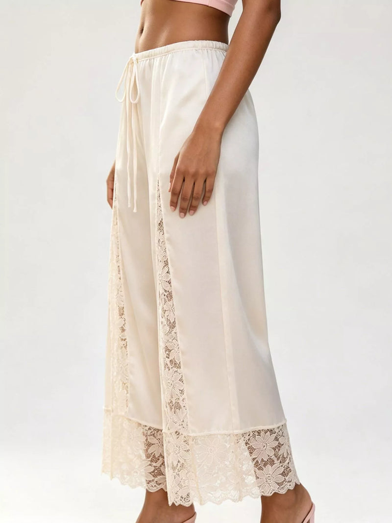 Satin Lace Wide Leg Cropped Pants for Women with Drawstring Waist in Ivory, side view