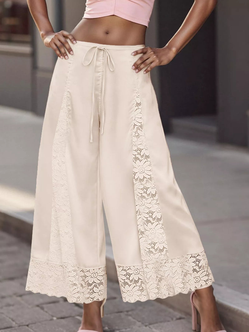 Satin Lace Wide Leg Cropped Pants for Women with Drawstring Waist in Ivory, styled front view