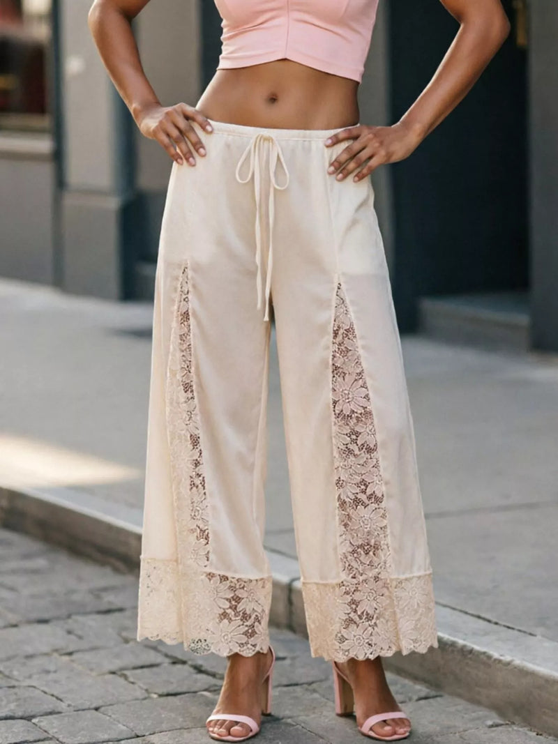 Satin Lace Wide Leg Cropped Pants for Women with Drawstring Waist in Ivory, three-quarter view