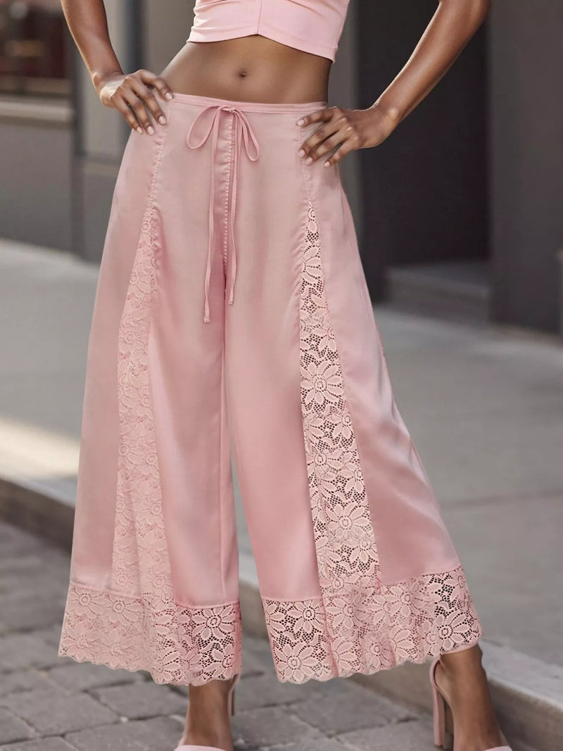 Satin Lace Wide Leg Cropped Pants for Women with Drawstring Waist in Pink, front view