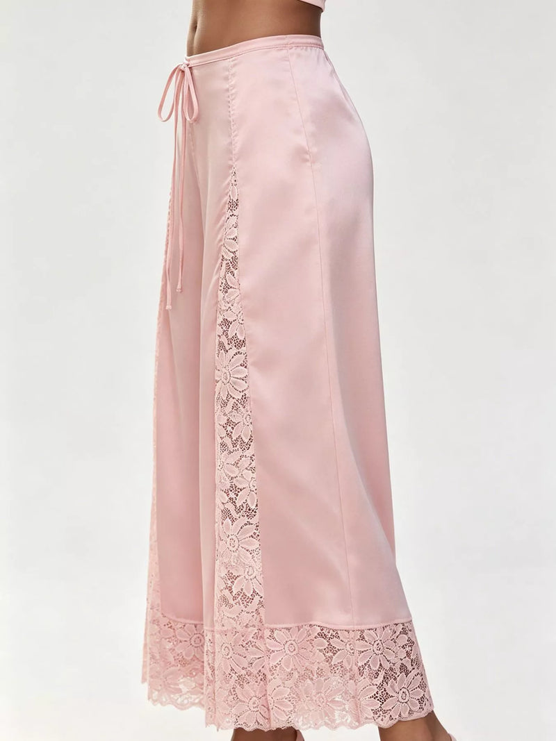 Satin Lace Wide Leg Cropped Pants for Women with Drawstring Waist in Pink, side view