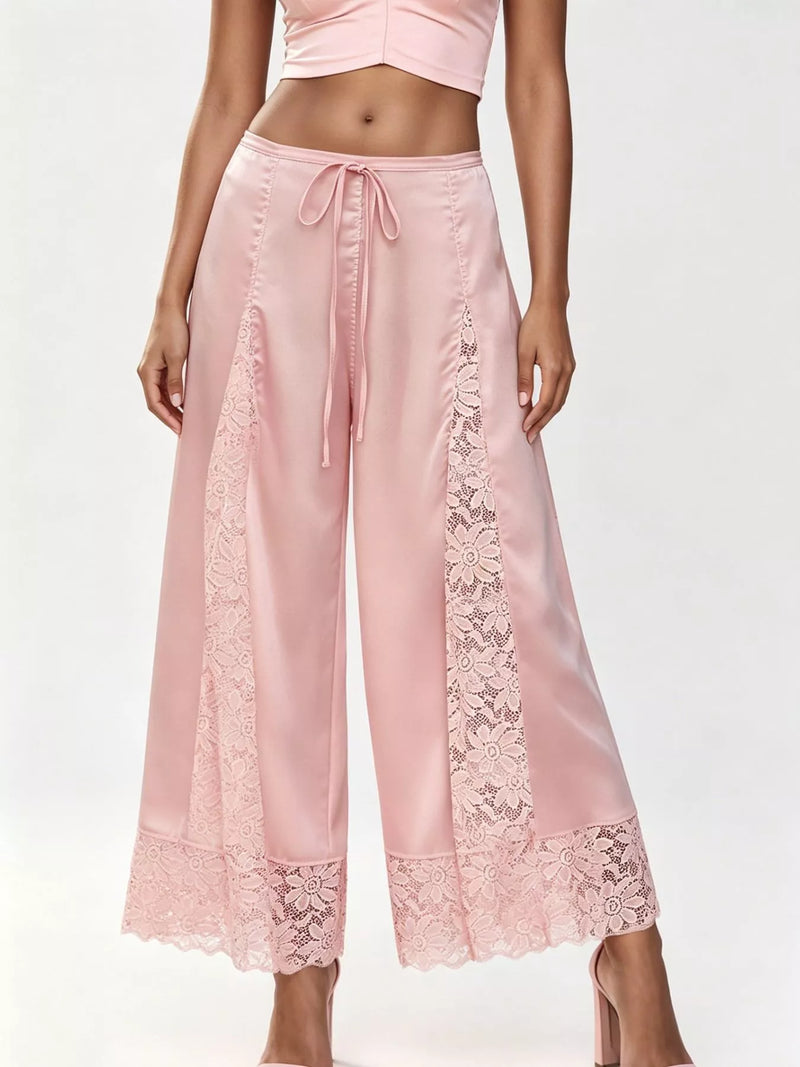 Satin Lace Wide Leg Cropped Pants for Women with Drawstring Waist in Pink, three-quarter view